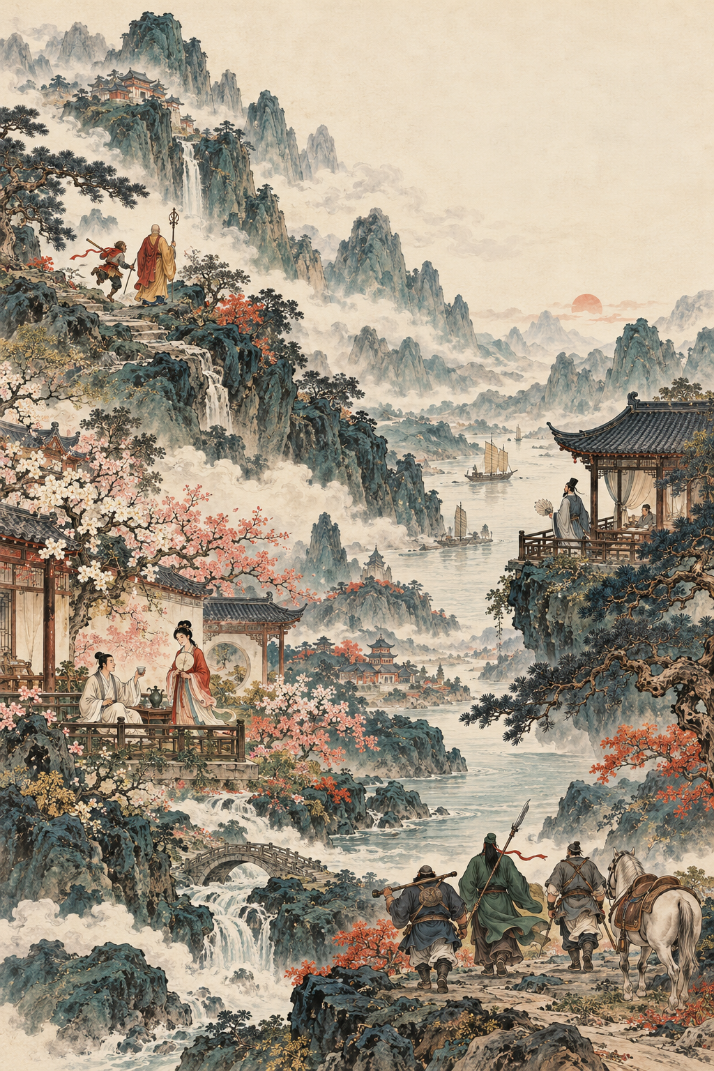 完整卷首插画：山间取经人、江畔谋士、庭院诗情与侠义旅人交织在一卷山水中